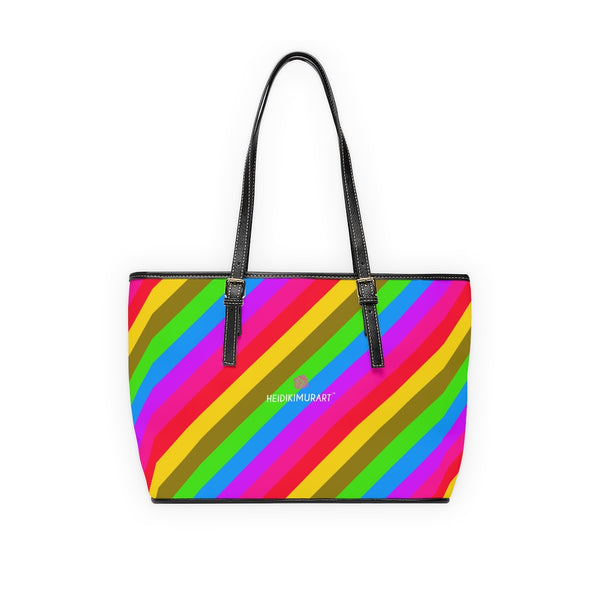 Best Rainbow Stripes Tote Bag, Best Stylish Colorful Rainbow Striped PU Leather Shoulder Large Spacious Durable Hand Work Bag 17"x11"/ 16"x10" With Gold-Color Zippers & Buckles & Mobile Phone Slots & Inner Pockets, All Day Large Tote Luxury Best Sleek and Sophisticated Cute Work Shoulder Bag For Women With Outside And Inner Zippers