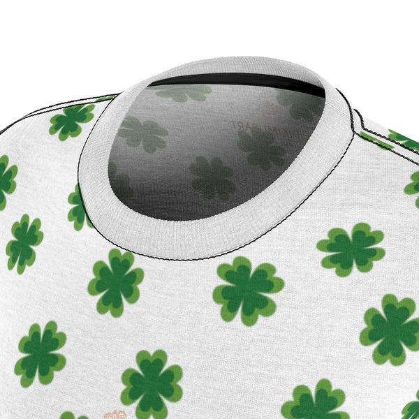 White Green Clover Print St. Patrick's Day Women's Short Sleeves Crewneck Tee- Made in USA-Women's T-Shirt-Heidi Kimura Art LLC