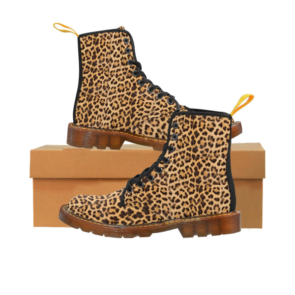 Brown Leopard Men's Canvas Boots, Sexy Animal Print Designer Winter Laced-up Boots For Men-Shoes-Printify-Brown-US 8-Heidi Kimura Art LLC