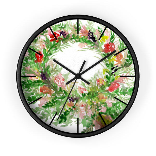 Spring Floral Wreath Print Chic Unique 10 inch Diameter Wall Clock - Made in USA-Wall Clock-Black-Black-Heidi Kimura Art LLC