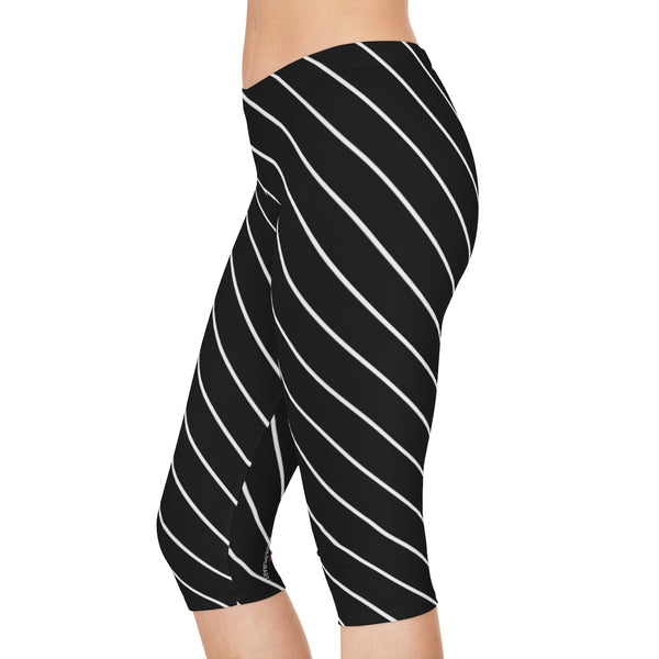 Diagonally Striped Women's Capri Leggings, Knee-Length Polyester Capris Tights-Made in USA (US Size: XS-2XL)