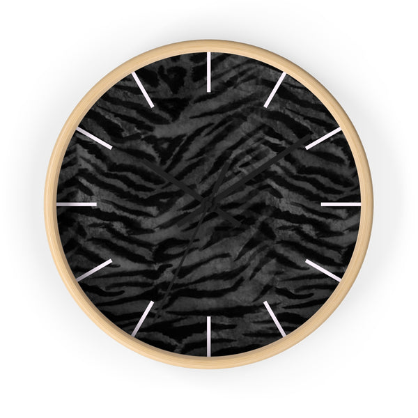 Black Tiger Stripe Wall Clock, Animal Print 10 inch Diameter Indoor Clock-Made in USA-Wall Clock-Wooden-Black-Heidi Kimura Art LLC