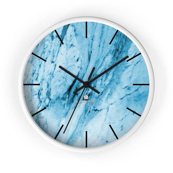 Blue White Marble Print Art Large Indoor 10" inch dia. Designer Wall Clock-Made in USA-Wall Clock-10 in-White-Black-Heidi Kimura Art LLC