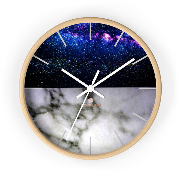 Night & Day Galaxy White Marble Print Premium Art 10" dia. Wall Clock-Made in USA-Wall Clock-10 in-Wooden-White-Heidi Kimura Art LLC