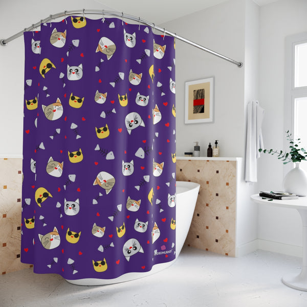 Purple Cat Shower Curtain, Cat Print Polyester Shower Curtain