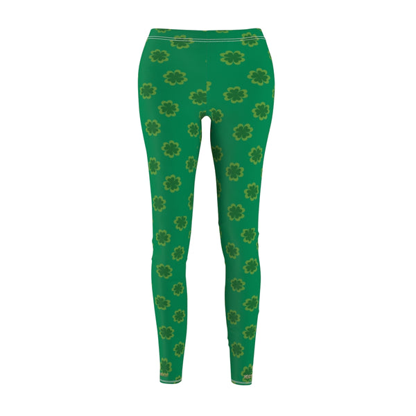 Green St. Patrick's Day Green Clover Print Women's Dressy Long Casual Leggings- Made in USA-Casual Leggings-Heidi Kimura Art LLC
