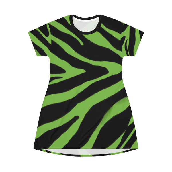 Green Zebra Print T-Shirt Dress, Green and Black Zebra Animal Print Designer Crew Neck Women's Long Tee T-shirt Fashion Dress-Made in USA (US Size: XS-2XL)