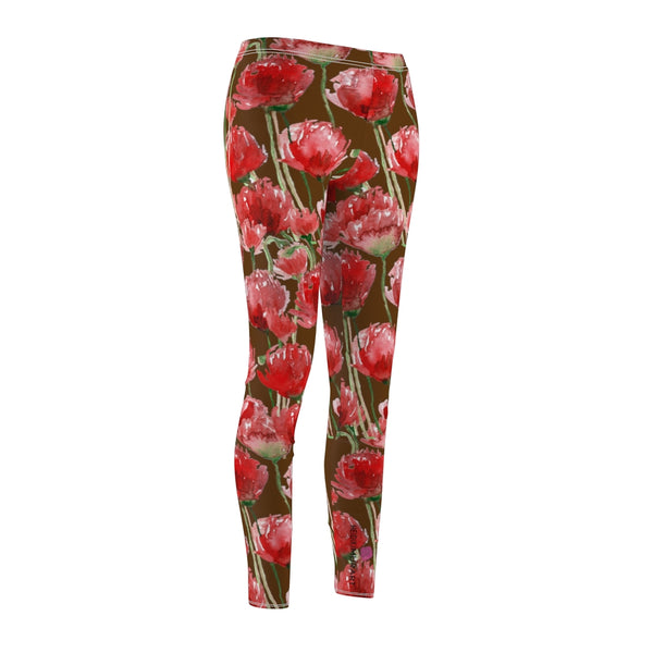 Brown Poppy Floral Casual Tights, Women's Floral Casual Leggings