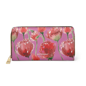 Pink Red Tulips Zipper Wallet, Colorful Red Tulips Flower Print Best Long Compact Cruelty Free Faux Leather High Quality Cardholders Wallet For Women, One Size 7.9"x4.3"x.98"