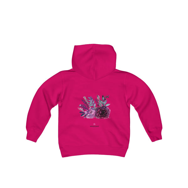 Cute Floral Purple Rose Print Girls Kids Heavy Blend Hooded Sweatshirt - Made in USA-Kids clothes-Heliconia-S-Heidi Kimura Art LLC