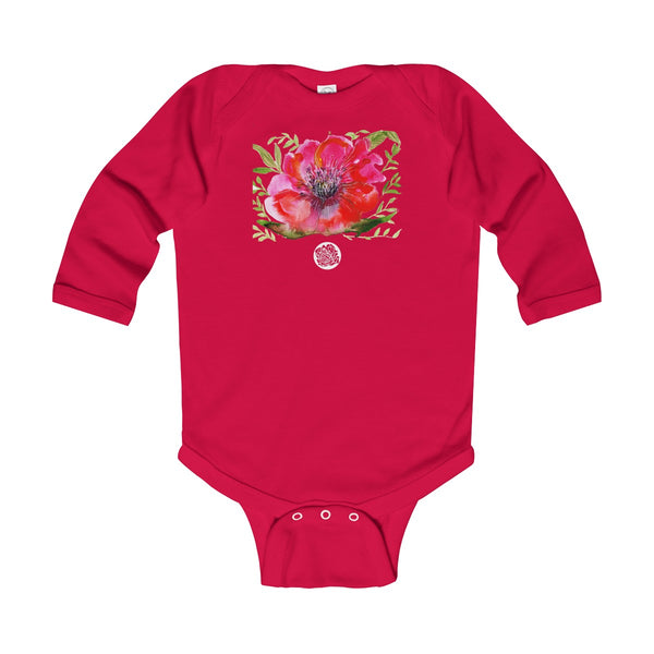 Red Hibiscus Floral Cute Infant Long Sleeve Bodysuit - Made in UK (UK Size: 6M-24M)-Kids clothes-Red-12M-Heidi Kimura Art LLC