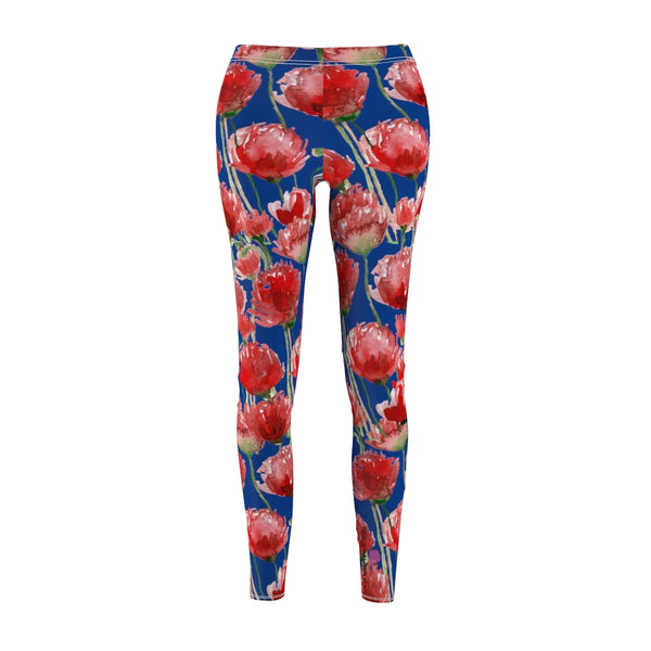 Blue Poppy Floral Casual Tights, Women's Floral Casual Leggings