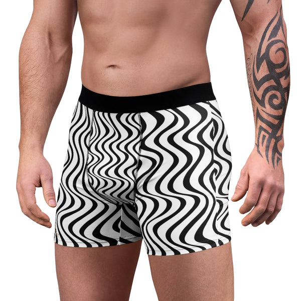 Chic Wavy Men's Boxer Briefs, White Black Curvy Pattern Designer Sexy Underwear For Men Sexy Hot Men's Boxer Briefs Hipster Lightweight 2-sided Soft Fleece Lined Fit Underwear - (US Size: XS-3XL)
