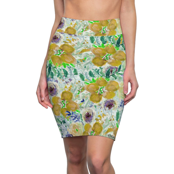 Yellow Floral Women's Pencil Skirt, Yellow Mixed Roses Best Flower Print Girlie Premium Quality Designer Women's Pencil Skirt - Made in USA (US Size XS-2XL)