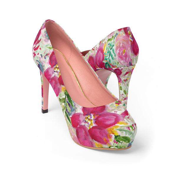 Pink Floral Women's Platform Heels, Mixed Flower Print Premium Quality Designer Women's Platform Heels Stiletto Pumps 4" Heels (US Size: 5-11)
