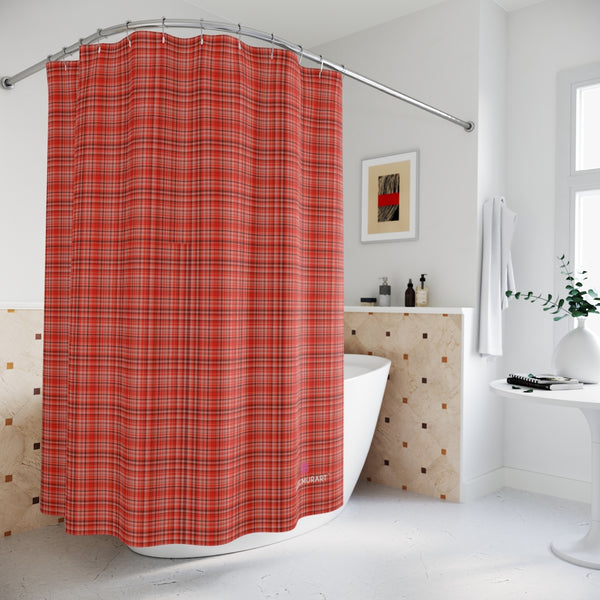 Red Plaid Polyester Shower Curtain, Plaid Tartan Scottish Print Christmas Winter Holiday Festive 71" × 74" Modern Kids or Adults Colorful Best Premium Quality American Style One-Sided Luxury Durable Stylish Unique Interior Bathroom Shower Curtains - Printed in USA