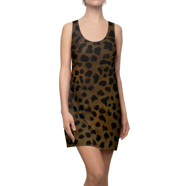 Brown Leopard Animal Print Women's Regular Fit Racerback Tank Dress - Made in USA-Women's Sleeveless Dress-L-Heidi Kimura Art LLC