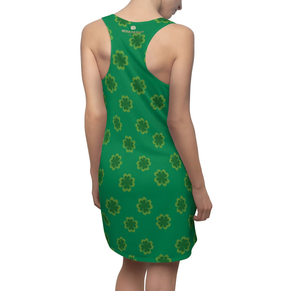 Dark Green Clover Leaf Print St. Patty's Day Long Regular Fit Women's Racerback Dress-Made in USA-Women's Sleeveless Dress-Heidi Kimura Art LLC