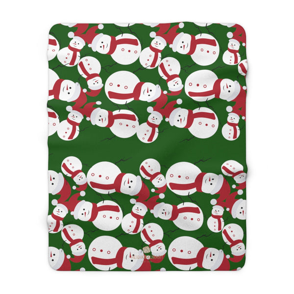 Dark Green White Red Christmas Cute Fluffy Snowman Print Cozy Sherpa Fleece Blanket-Blanket-60" x 80"-Heidi Kimura Art LLC