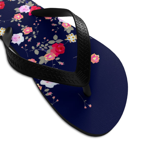 Navy Blue Floral Rose Print Unisex Flip-Flops Beach Pool Cute Sandals- Made in USA-Flip-Flops-Heidi Kimura Art LLC