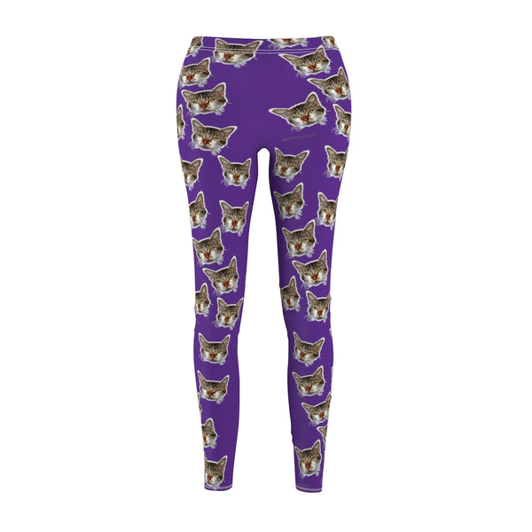 Purple Peanut Meow Cat Cute Calico Print Women's Fancy Casual Leggings- Made in USA-All Over Prints-Heidi Kimura Art LLC