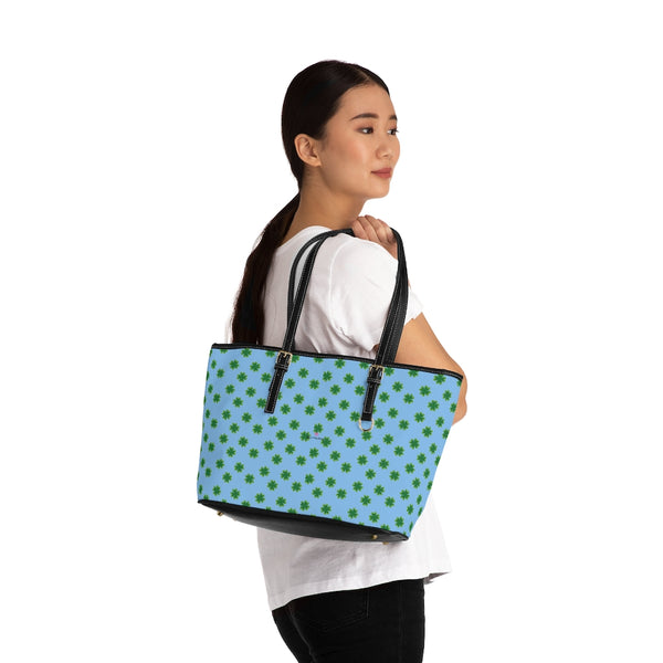 Blue Green Clover Tote Bag, Best PU Leather Shoulder Hand Work Bag