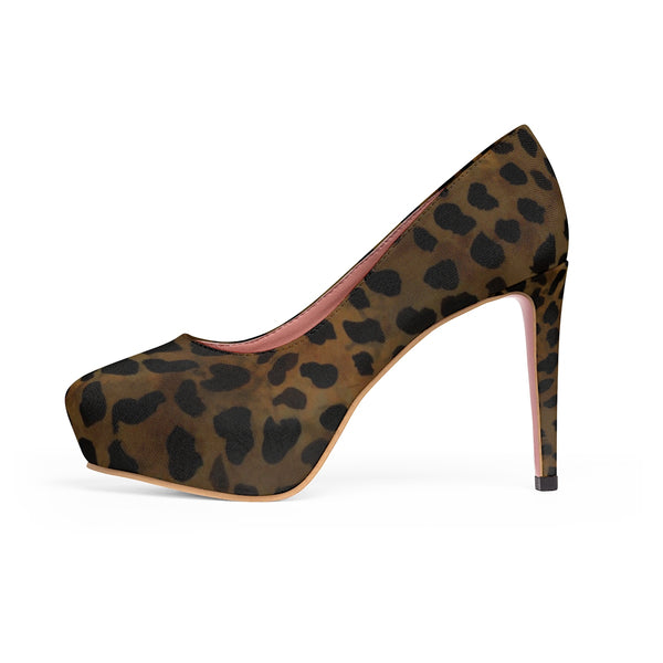 Brown Leopard Animal Print Stylish Canvas Women's 4 inch Platform Heels Stilettos-4 inch Heels-Heidi Kimura Art LLC