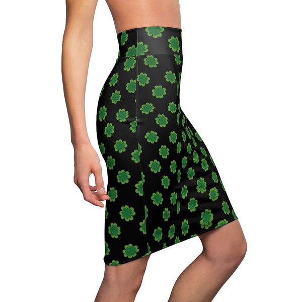 Green Clover Leaf Pencil Skirt, Black Irish Lucky St. Patrick's Day Women's Skirt- Made in USA-Pencil Skirt-Heidi Kimura Art LLC
