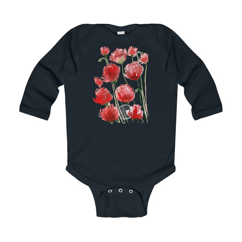 Floral Red Poppy Flower Print Infant Long Sleeve Bodysuit - Made in UK(UK Size: 6M-24M)-Kids clothes-Black-18M-Heidi Kimura Art LLC