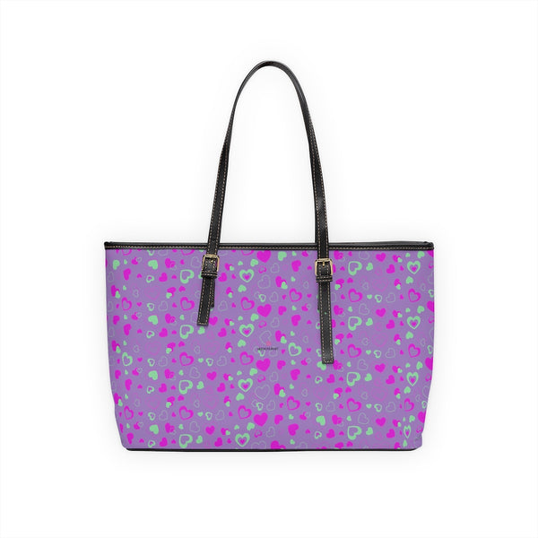 Purple Pink Hearts Tote Bag, PU Leather Shoulder Hand Work Bag