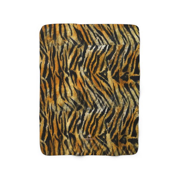 Orange Brown Tiger Stripe Print Designer Cozy Sherpa Fleece Blanket-Made in USA-Blanket-50'' x 60''-Heidi Kimura Art LLC