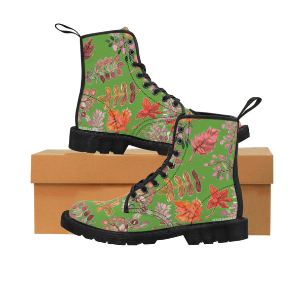 Green Fall Leaves Women's Boots, Green Autumn Fall Leaves Print Women's Boots, Combat Boots, Designer Women's Winter Lace-up Toe Cap Hiking Boots Shoes For Women (US Size 6.5-11) Fall Leaves Fashion Canvas Shoes, Fall Leaves Print Winter Boots, Autumn Leaves Printed Boots For Ladies, Colorful Boots For Women