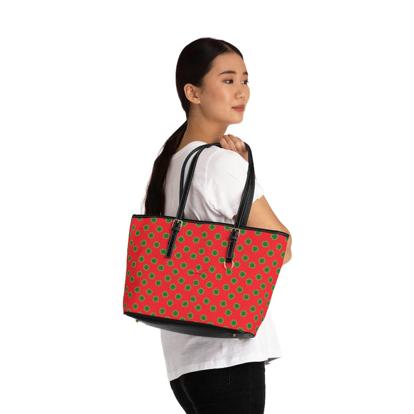 Red Green Clover Tote Bag, PU Leather Shoulder Hand Work Bag