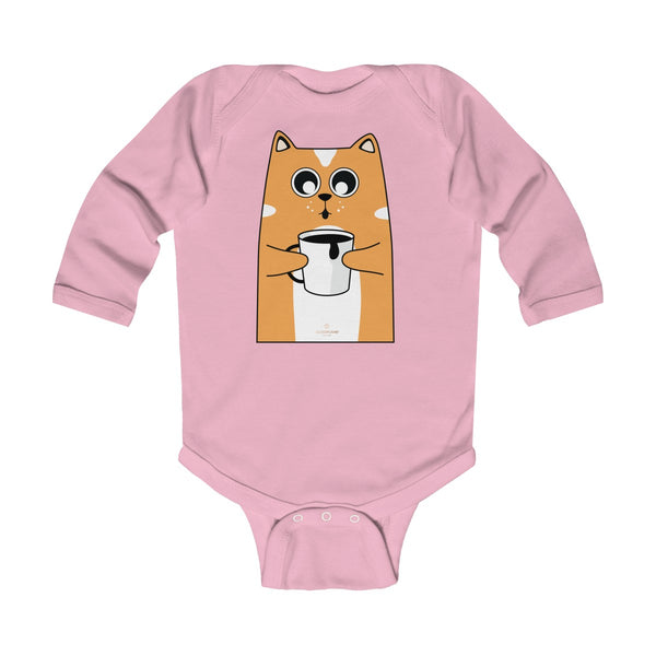 Cute Coffee Cat Print Baby Boy/ Girls Infant Kids Long Sleeve Bodysuit - Made in USA-Infant Long Sleeve Bodysuit-Pink-NB-Heidi Kimura Art LLC