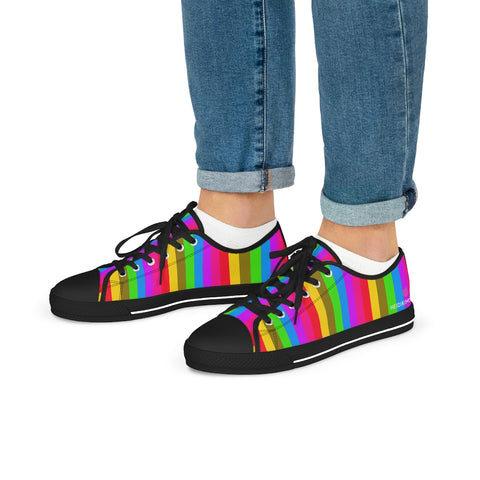 Rainbow Striped Men's Tennis Shoes, Gay Pride Vertical Striped Modern Best Breathable Designer Men's Low Top Canvas Fashion Sneakers With Durable Rubber Outsoles and Shock-Absorbing Layer and Memory Foam Insoles (US Size: 5-14)