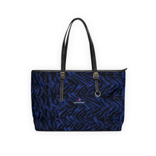 Best Tiger Striped Tote Bag, Best Stylish Dark Blue Tiger Striped Animal Print PU Leather Shoulder Large Spacious Durable Hand Work Bag 17"x11"/ 16"x10" With Gold-Color Zippers & Buckles & Mobile Phone Slots & Inner Pockets, All Day Large Tote Luxury Best Sleek and Sophisticated Cute Work Shoulder Bag For Women With Outside And Inner Zippers
