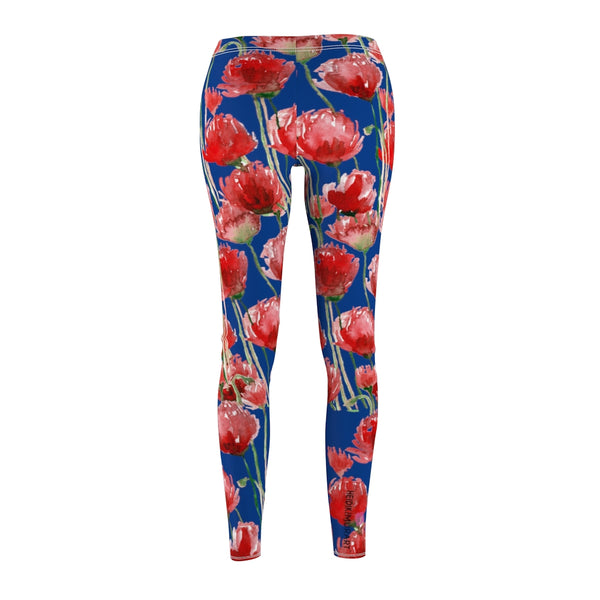 Blue Poppy Floral Casual Tights, Women's Floral Casual Leggings