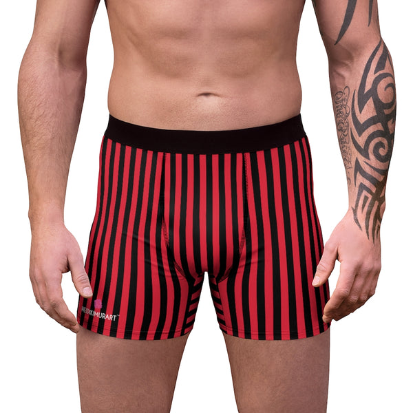 Vertically Striped Men's Boxer Briefs, Red Black Stripes Modern Simple Essential Designer Best Underwear For Men, Best Underwear For Men Sexy Hot Men's Boxer Briefs Hipster Lightweight 2-sided Soft Fleece Lined Fit Underwear - (US Size: XS-3XL)