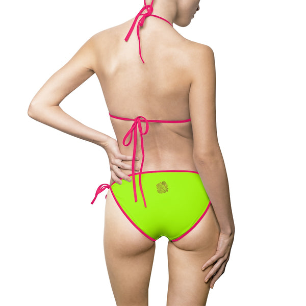 Bright Neon Green Solid Color Print Women's 2-pc Bikini Top Bottom Set (US Size: S-5XL)-Bikini-Heidi Kimura Art LLC