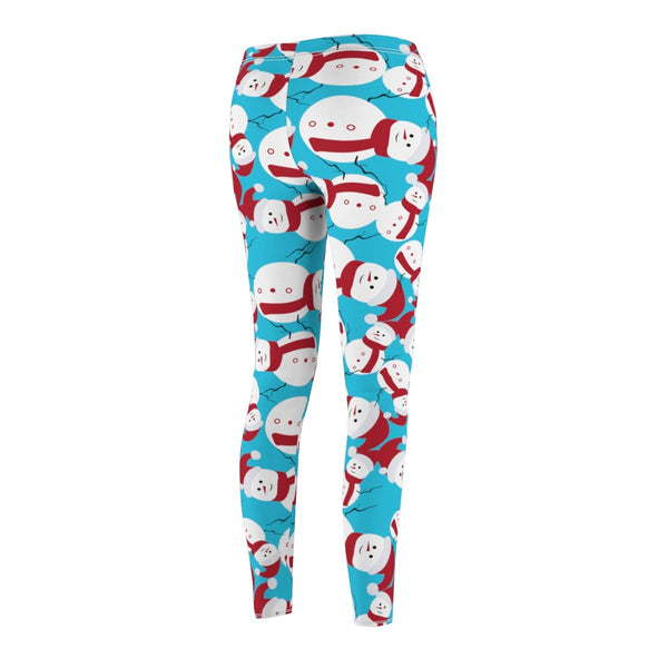 Light Blue Red Fluffy Happy Cute Snowman Women's Christmas Casual Leggings-Casual Leggings-Heidi Kimura Art LLC
