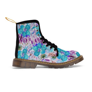 Blue Floral Men's Canvas Boots, Flower Print Luxury Men's Winter Hiking Canvas Boots, Fashionable Floral Print Anti Heat + Moisture Designer Comfortable Stylish Men's Winter Hiking Boots Shoes For Men (US Size: 7-10.5)