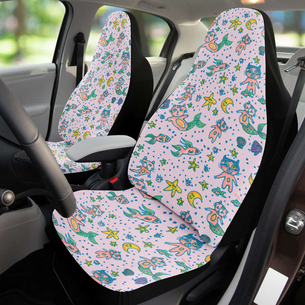 Cat Mermaid Car Seat Covers, Light Pink Washable Cute Best Designer Essential Premium Quality Best Machine Washable Microfiber Luxury Car Seat Cover For Cat Lovers- 2 Pack For Your Car Seat Protection, Car Seat Protectors, Car Seat Accessories, Pair of 2 Front Seat Covers, Custom Seat Covers