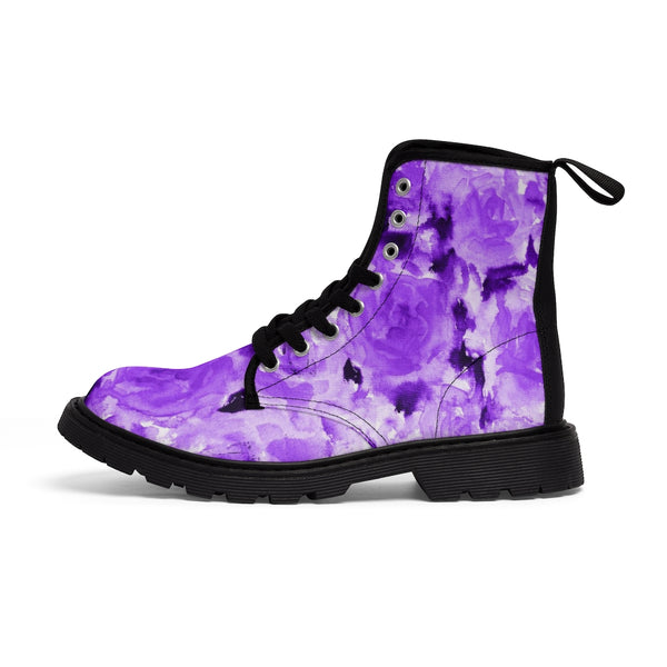 Purple Floral Abstract Women's Boots, Best Cute Chic Best Flower Printed Elegant Feminine Casual Fashion Gifts, Flower Rose Print Shoe, Combat Boots, Designer Women's Winter Lace-up Toe Cap Hiking Boots Shoes For Women (US Size 6.5-11)