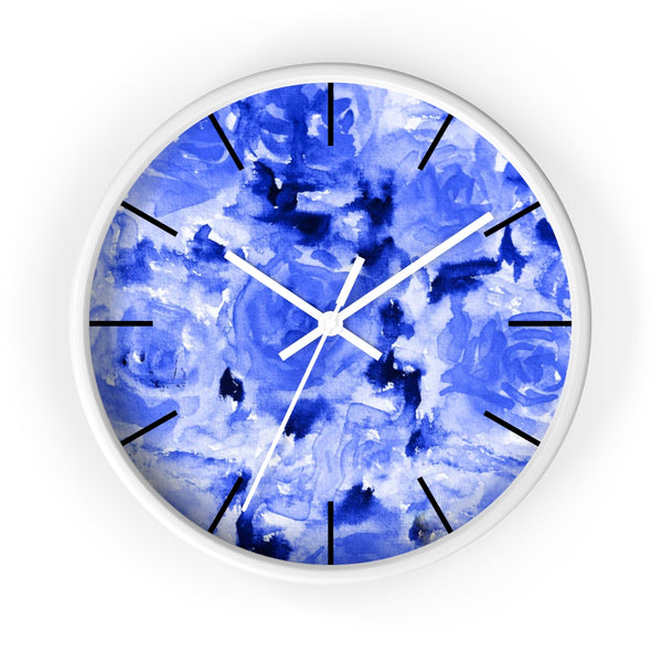 Blue Floral Rose Print Flower Modern 10 inch Diameter Wall Clock - Made in USA-Wall Clock-White-White-Heidi Kimura Art LLC