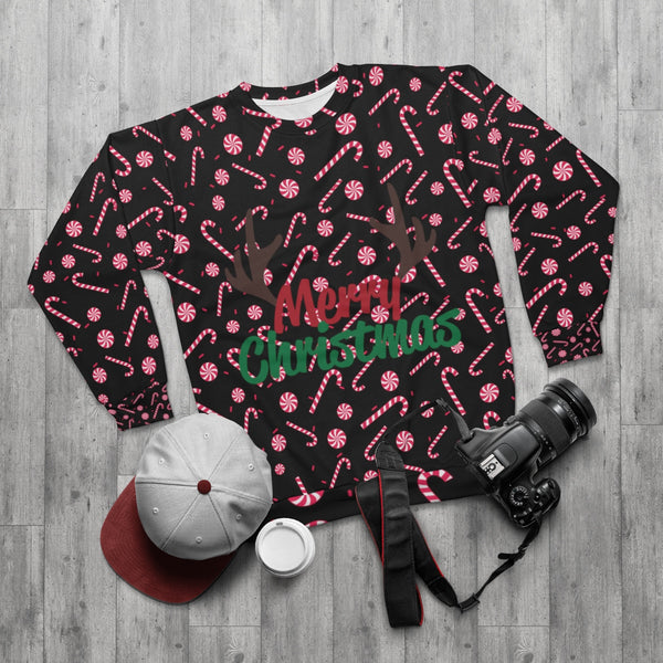 Red Candy Cane Christmas Sweatshirt, Holiday Crewneck Unisex Sweatshirt -Made in USA-Unisex Sweatshirt-Heidi Kimura Art LLC