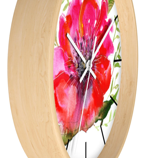 Pink Hibiscus Floral Print Wall Clock, 10" Dia. Modern Unique Indoor Clock-Made in USA-Wall Clock-Heidi Kimura Art LLC Pink Hibiscus Floral Clock, Hot Pink Hibiscus Floral Print 10 inch Diameter Modern Unique Indoor Wall Clock - Made in USA 