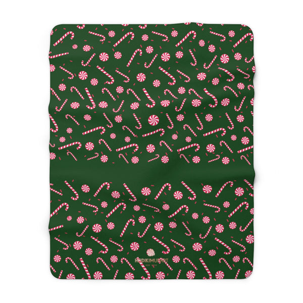 Dark Green White Red Candy Cane Christmas Print Cozy Sherpa Fleece Blanket-Blanket-60" x 80"-Heidi Kimura Art LLC