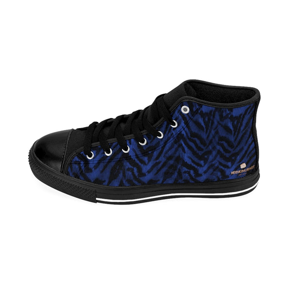 Navy Blue Tiger Stripe Animal Print Premium Quality Men's High-Top Sneakers-Men's High Top Sneakers-Heidi Kimura Art LLC