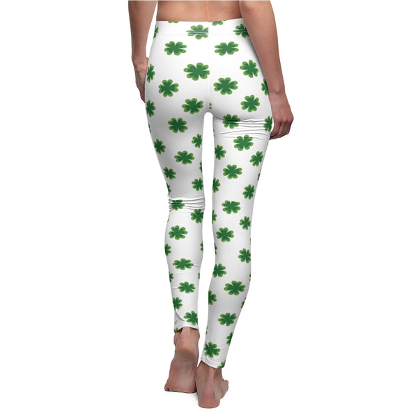 White Green St. Patrick's Day Green Clover Print Women's Long Casual Leggings- Made in USA-Casual Leggings-White Seams-M-Heidi Kimura Art LLC