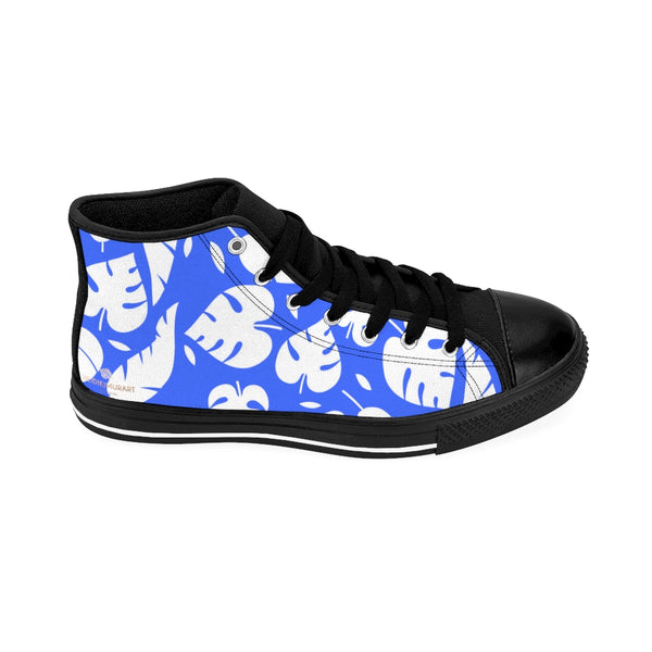 Blue Tropical Leaf Men's High-top Sneakers, White and Blue Hawaiian Style Leaves Print Designer Men's High-top Sneakers Running Tennis Shoes, Floral High Tops, Mens Floral Print Shoes, Hawaiian Style Tropical Leaf Print Sneakers For Men (US Size: 6-14)